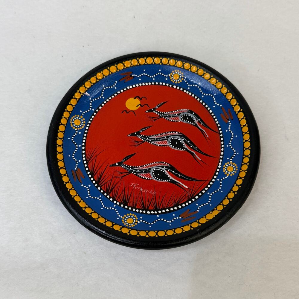 John Rotumah Australian Aboriginal Art Small Hand Painted Plate Kangaroos
